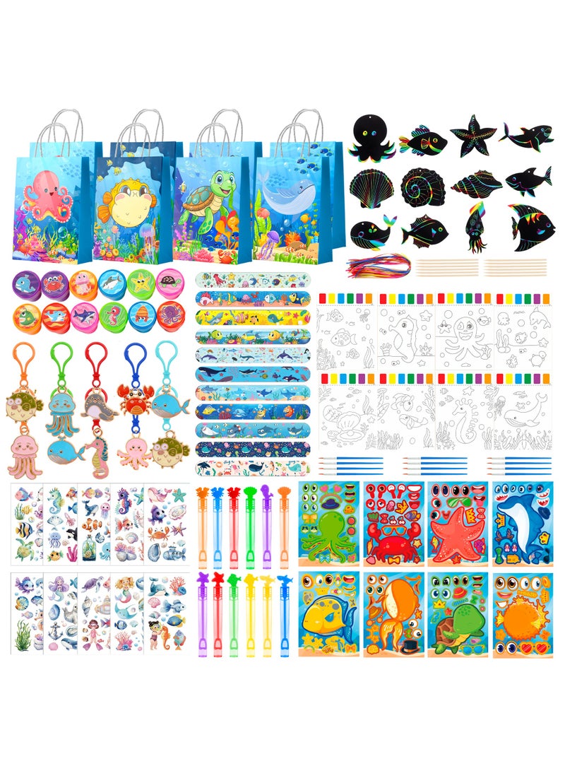 FRUITFUL PARTY Ocean Party Favors for 12 Guests, 120pcs Under the Sea Birthday Party Favor Set with Gift Bags, Stickers, Keychains, Slap Bracelets, Bubble Wands, Tattoos & DIY Art – Under the Sea Party Decoration Supplies - Image 1